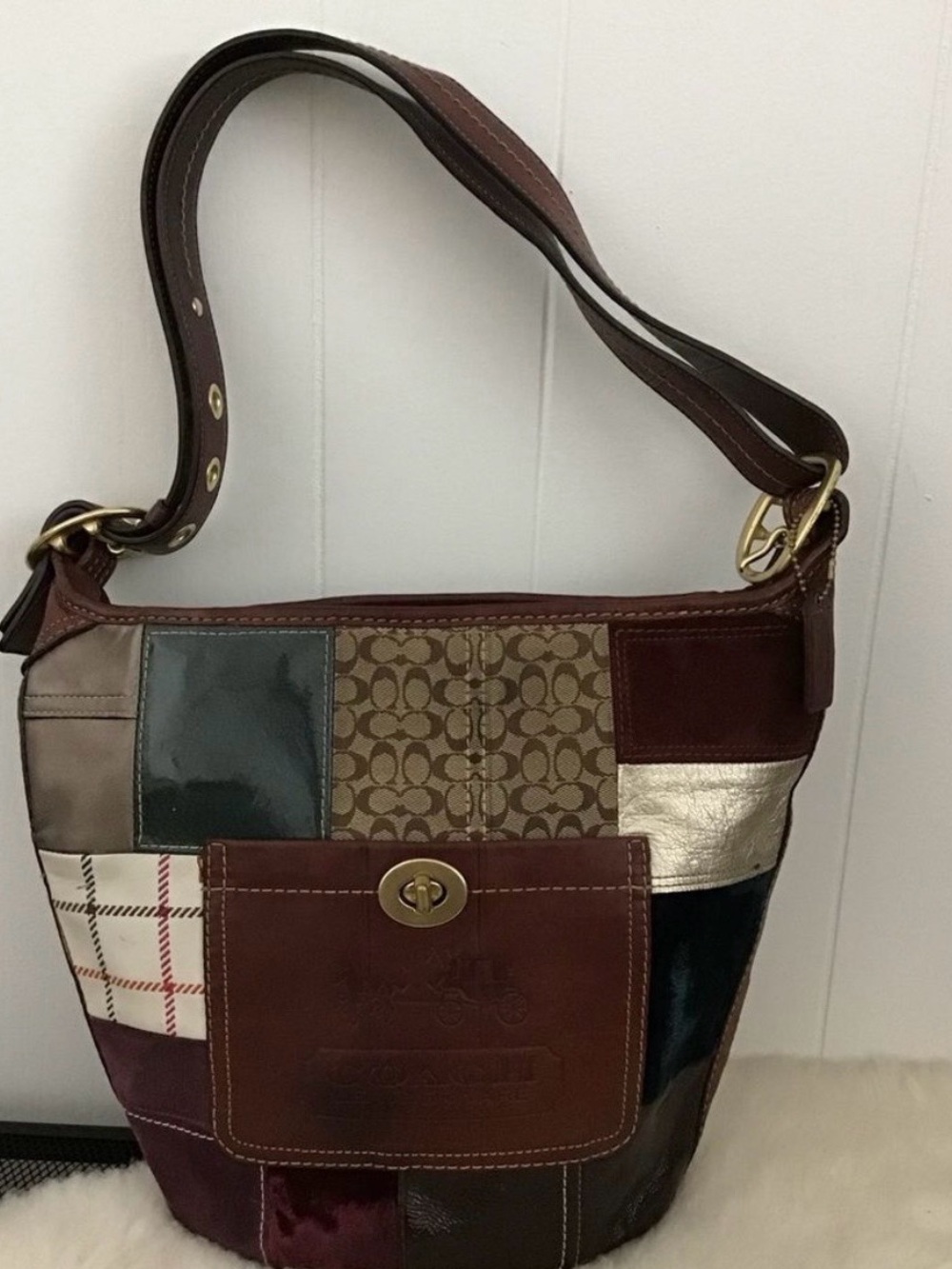 Coach Patchwork Shoulder Bag in Brown, Tan, Gold and Black
